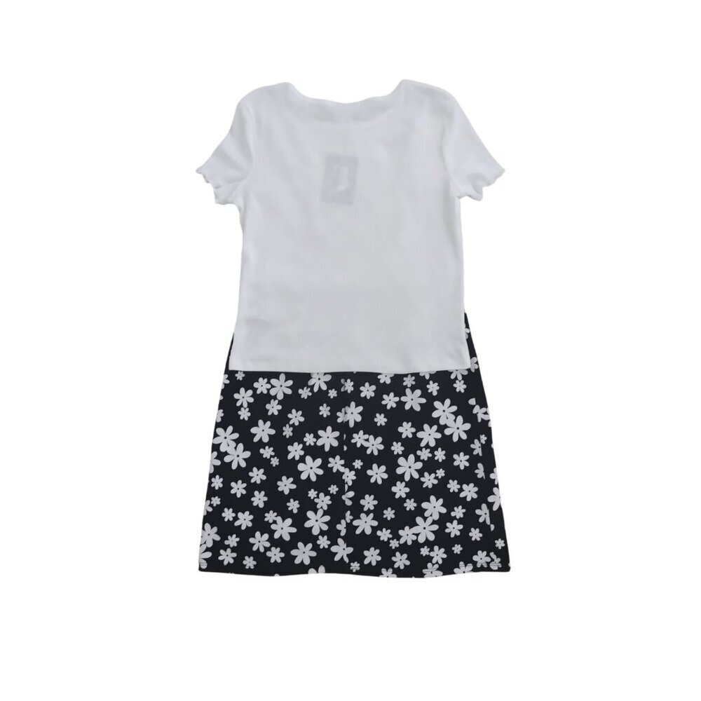 art class. Girls black and white floral print dress and white shirt sleeve. NWT